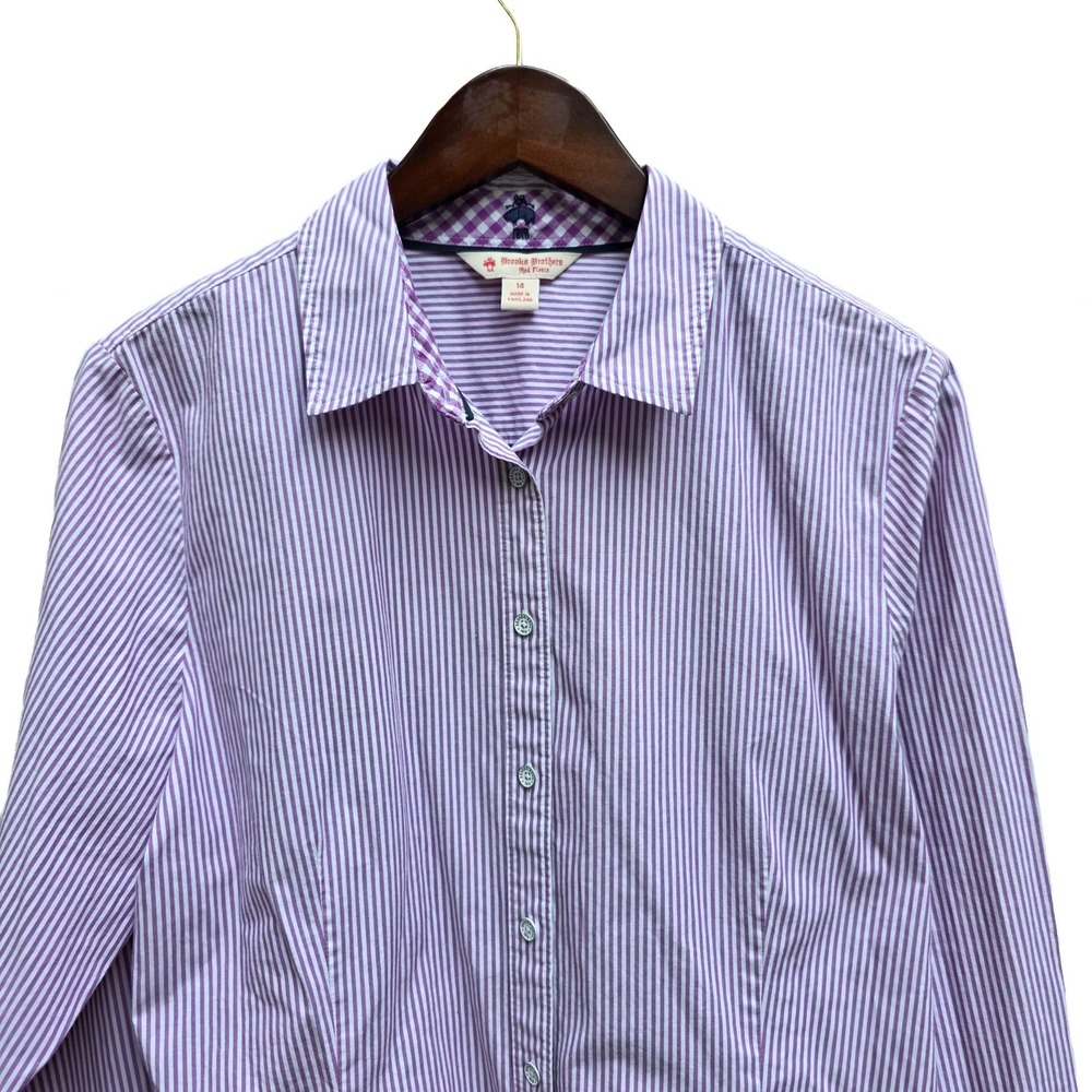 Brooks Brothers Red Fleece Womens 14 Purple Stripe Stretch Cotton Shirt Preppy